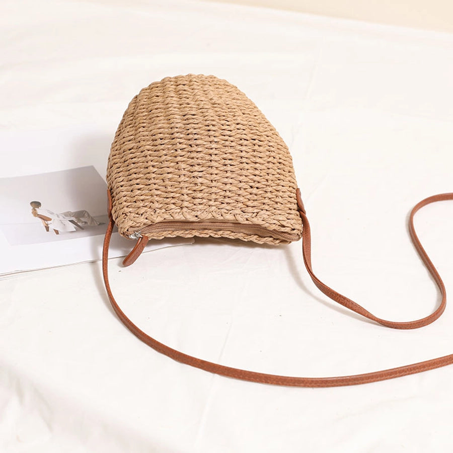 Women's Straw Solid Color Vacation Weave Bucket Zipper Crossbody Bag