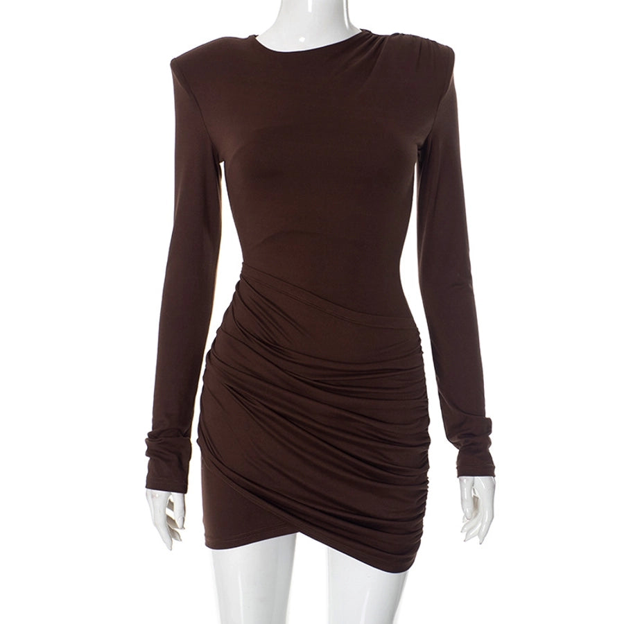 Women's Sheath Dress Sexy Round Neck Pleated Long Sleeve Solid Color Above Knee Holiday Banquet