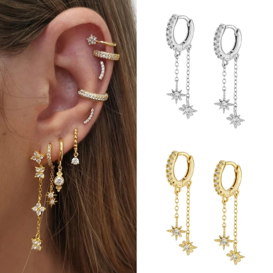 1 Pair IG Style Shiny Star Chain Inlay Copper Zircon 24K Gold Plated Drop Earrings