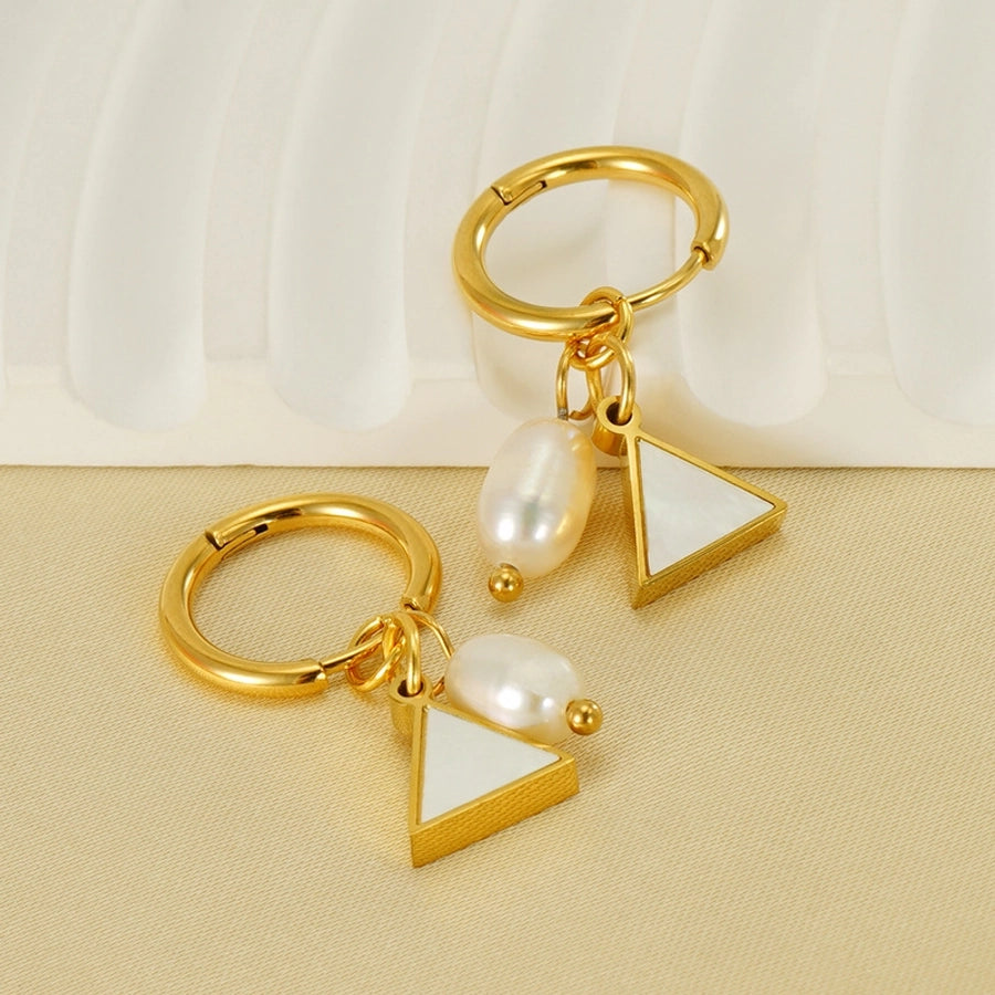 1 Pair Casual Simple Style Triangle Star Heart Shape Pearl Inlay Titanium Steel Shell 18K Gold Plated Drop Earrings