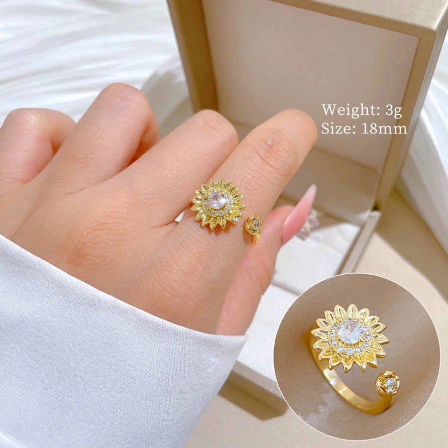 Titanium Steel Brass Gold Plated Inlay Flower Zircon Open Rings