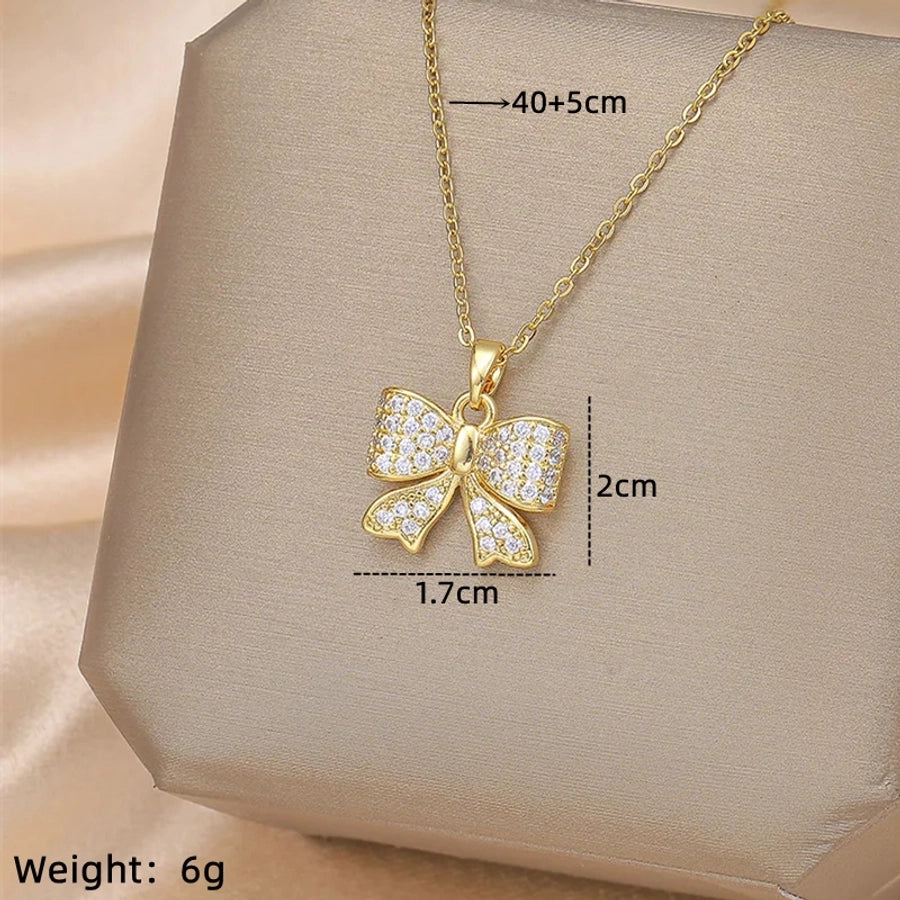 IG Style Simple Style Electrocardiogram Wings Bow Knot 201 Stainless Steel Copper Plating Inlay Opal Zircon Pendant Necklace