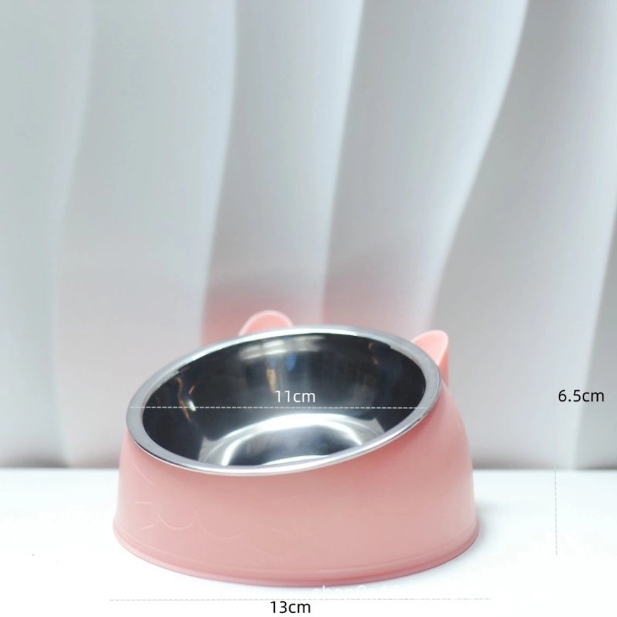 Stainless Steel Cat Dog Dual Bowl Slanted Mouth Protects Vertebras Pet Food Bowl Cat Supplies Trendy Double Neck Protection