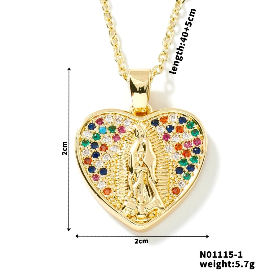 Jewelry Vintage Style Virgin Mary Oval Heart Shape 304 Stainless Steel Copper Zircon K Gold Plated Inlay Pendant Necklace