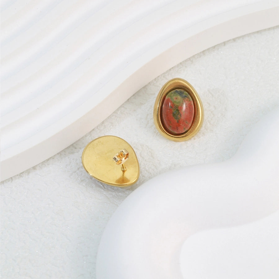 1 Pair Elegant Classical Commute Oval Inlay 304 Stainless Steel Opal 18K Gold Plated Ear Studs