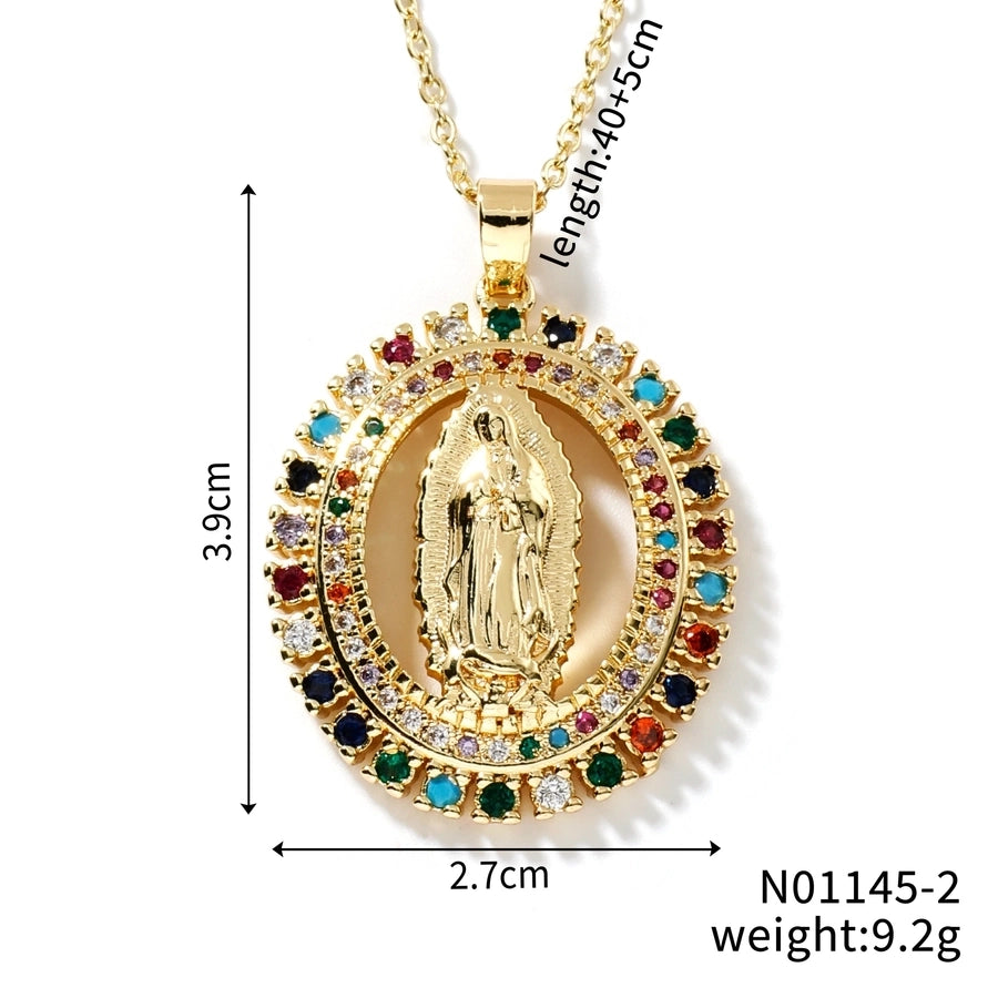 Jewelry Vintage Style Virgin Mary Oval Heart Shape 304 Stainless Steel Copper Zircon K Gold Plated Inlay Pendant Necklace