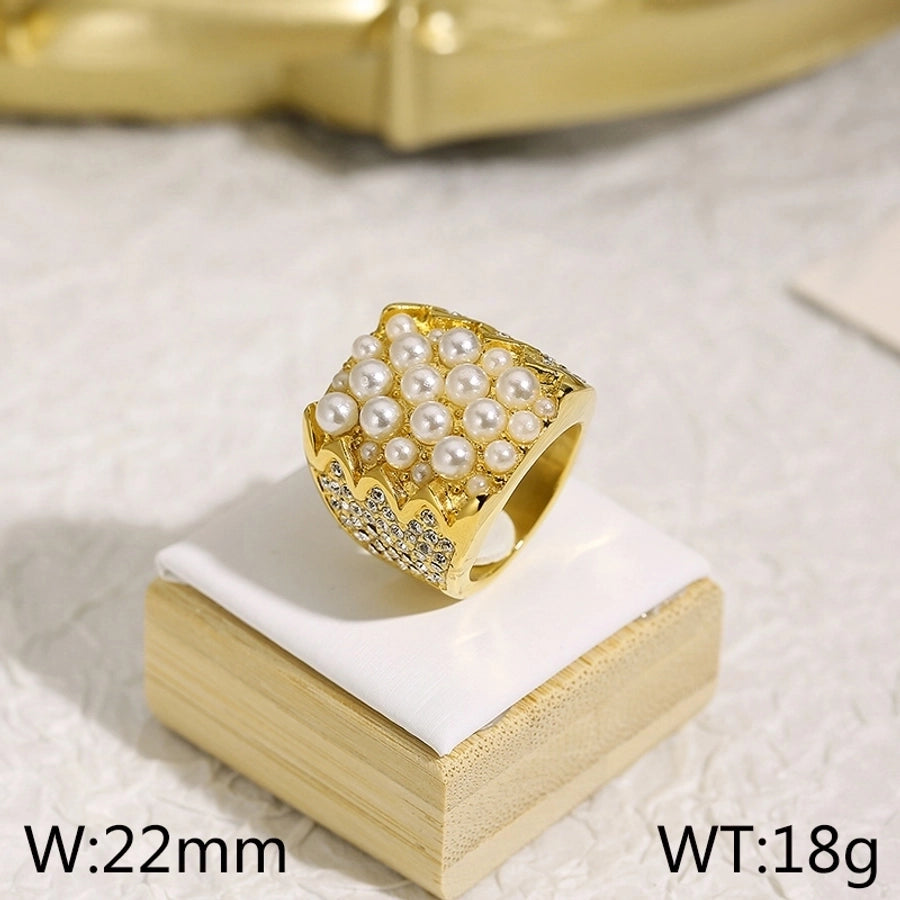 Jewelry Elegant Retro Geometric Titanium Steel Artificial Pearls Rhinestones 18K Gold Plated Plating Inlay Rings