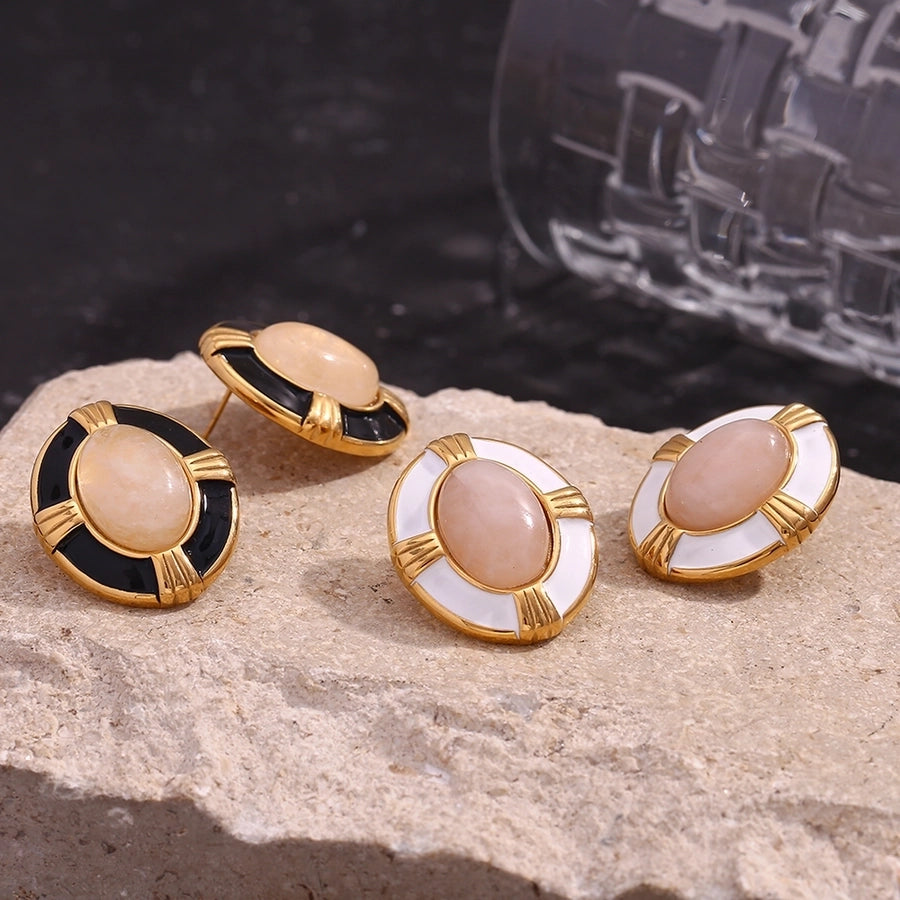 1 Pair Vintage Style Simple Style Classic Style Oval Plating Inlay 304 Stainless Steel Natural Stone 18K Gold Plated Ear Studs - CEJEW