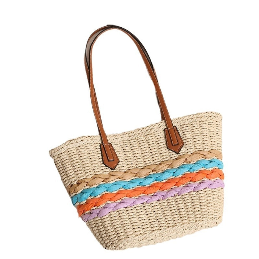 Women's Straw Stripe Vacation Weave Shell Zipper Tote Bag