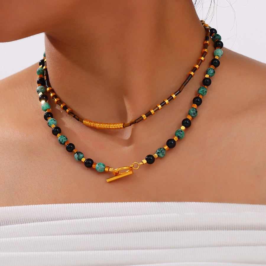 304 Stainless Steel natural stone Agate 18K Gold Plated Casual Retro Beaded Enamel Plating Round Necklace