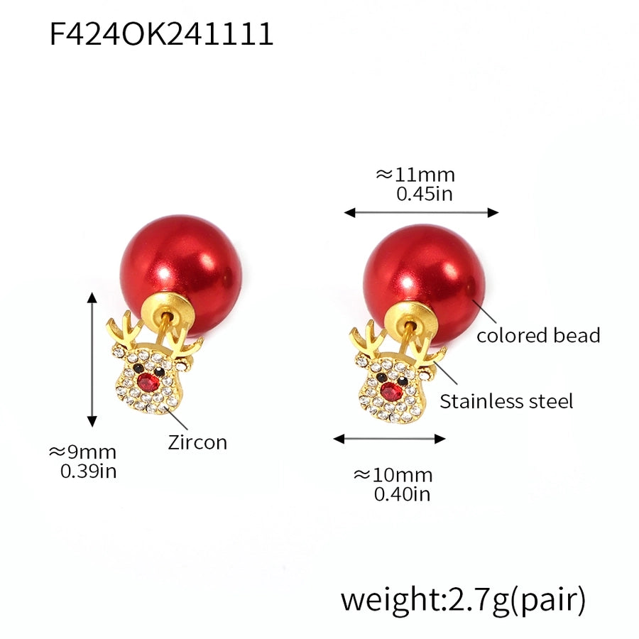 1 Pair Cute Christmas Tree Elk Plating Inlay 304 Stainless Steel Zircon 18K Gold Plated Ear Studs