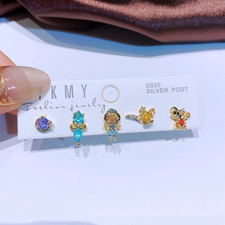 1 Set Sweet Cartoon Character Inlay Copper Zircon Ear Studs