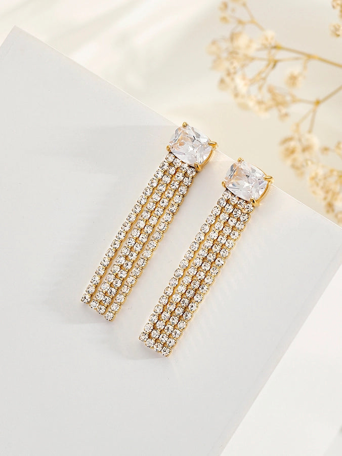 1 Pair IG Style Shiny Tassel Rectangle Plating Inlay 304 Stainless Steel Zircon 18K Gold Plated Drop Earrings - CEJEW