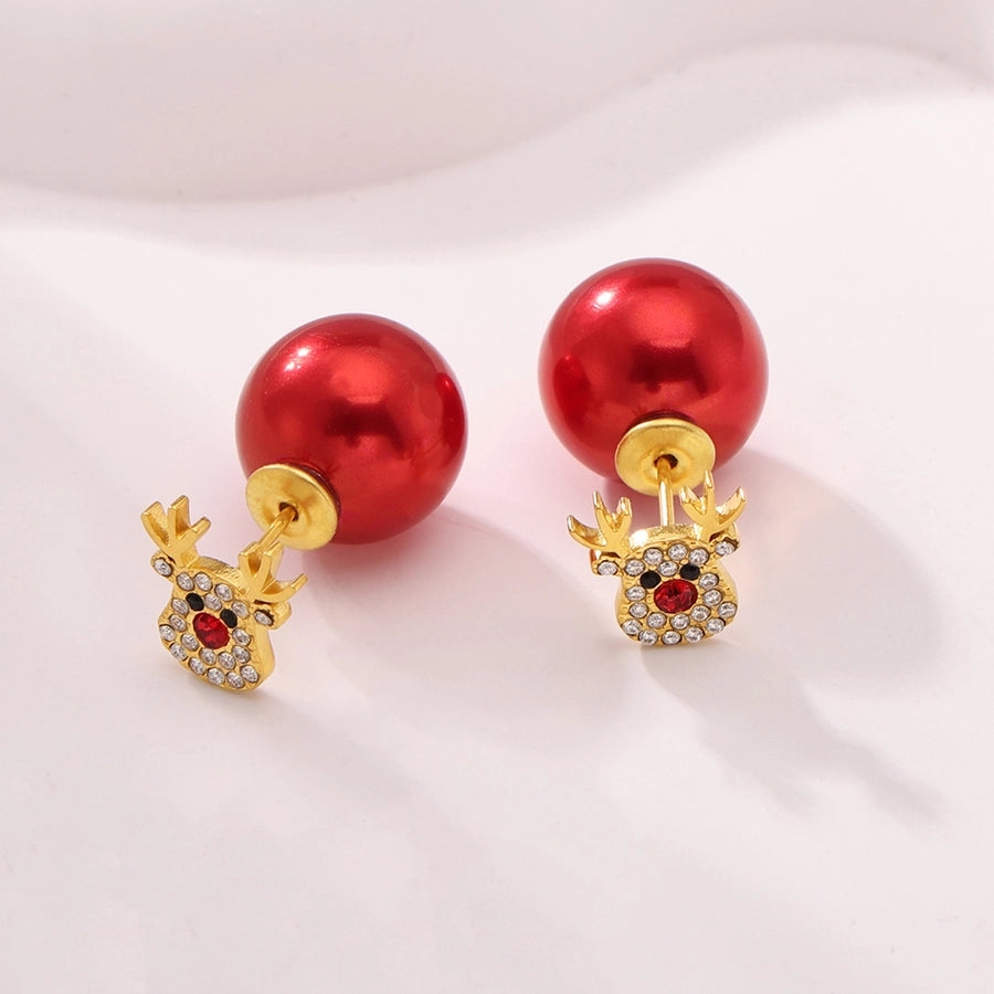 1 Pair Cute Christmas Tree Elk Plating Inlay 304 Stainless Steel Zircon 18K Gold Plated Ear Studs