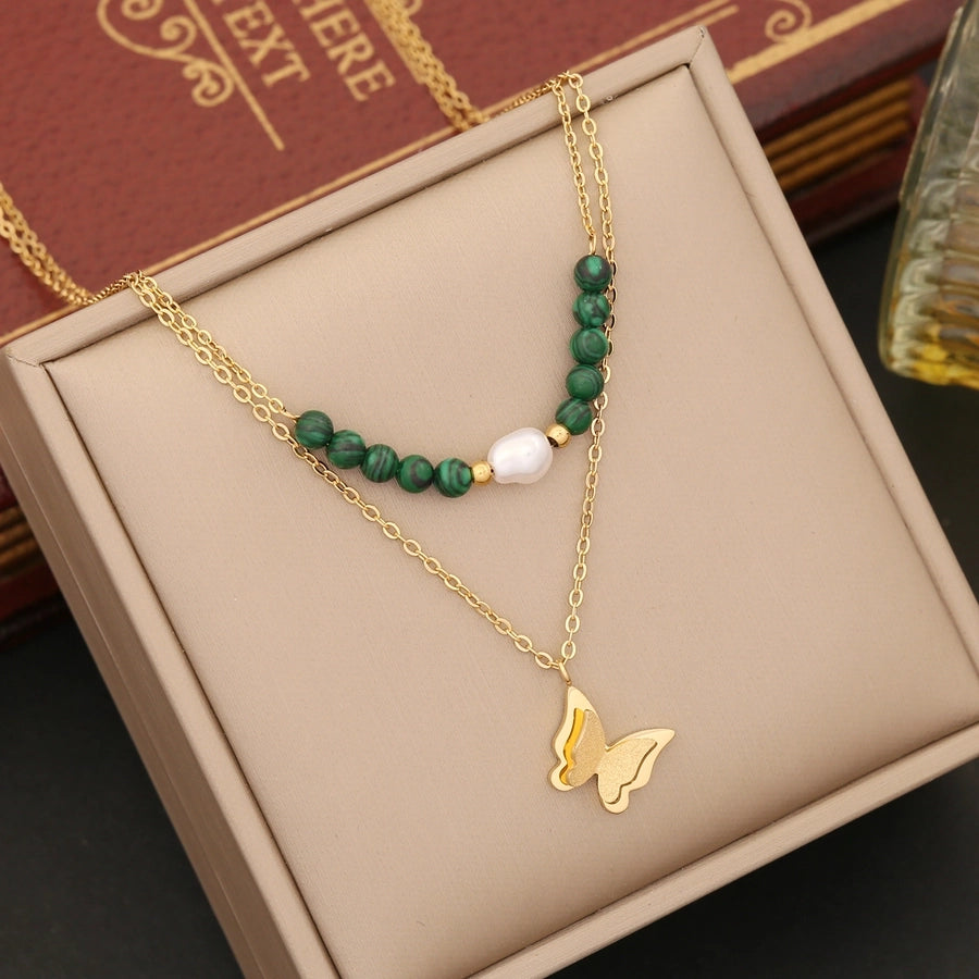 Retro Tree Heart Shape Eye Stainless Steel Malachite Inlay 18K Gold Plated Artificial Diamond Pearl Layered Necklaces