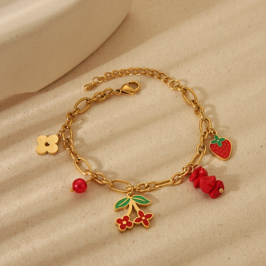 Jewelry Cute Sweet Cherry Strawberry 304 Stainless Steel 18K Gold Plated Epoxy Plating Bracelets Earrings Necklace - CEJEW