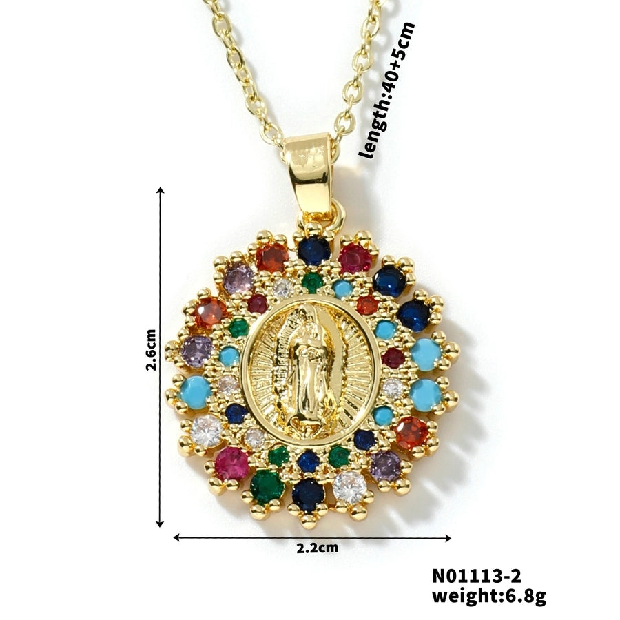 Jewelry Vintage Style Classic Style Geometric Round Virgin Mary 304 Stainless Steel Copper Zircon K Gold Plated Inlay Pendant Necklace - CEJEW