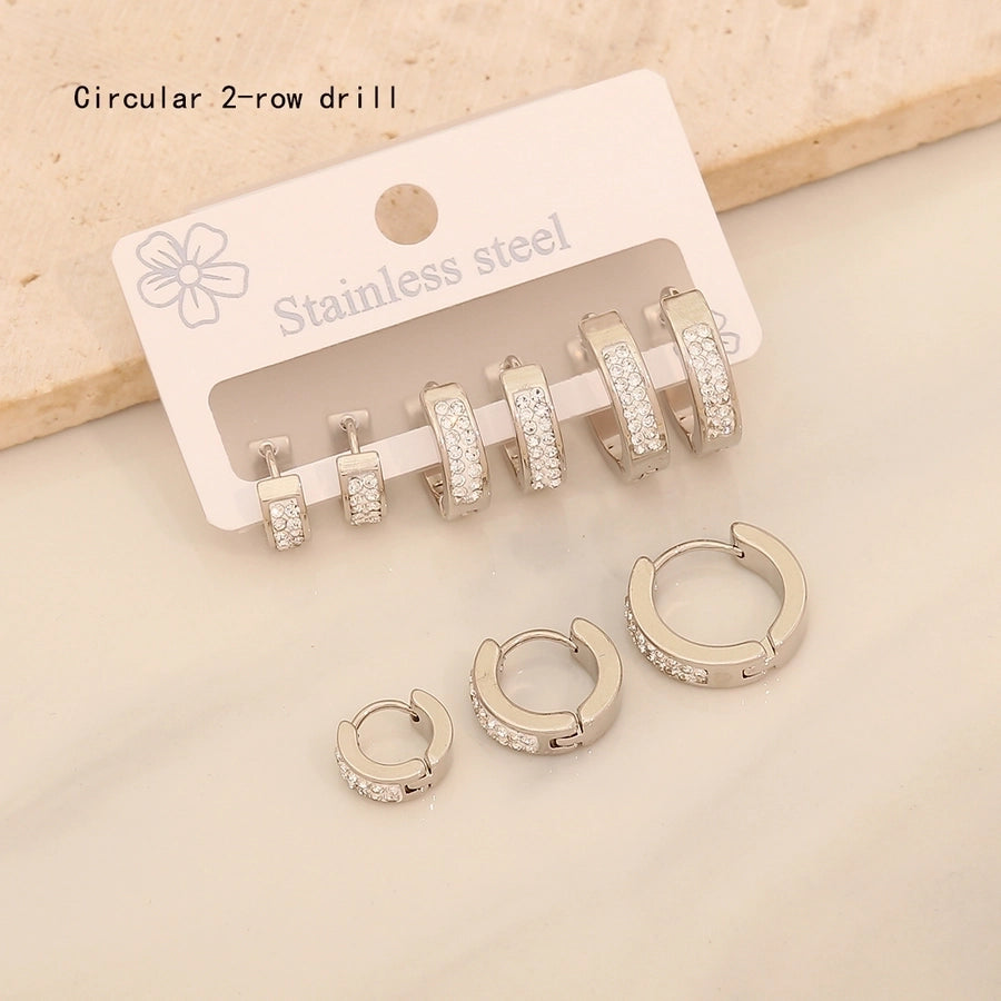 3 Pairs Lady Commute Geometric Inlay 304 Stainless Steel Zircon 18K Gold Plated Earrings