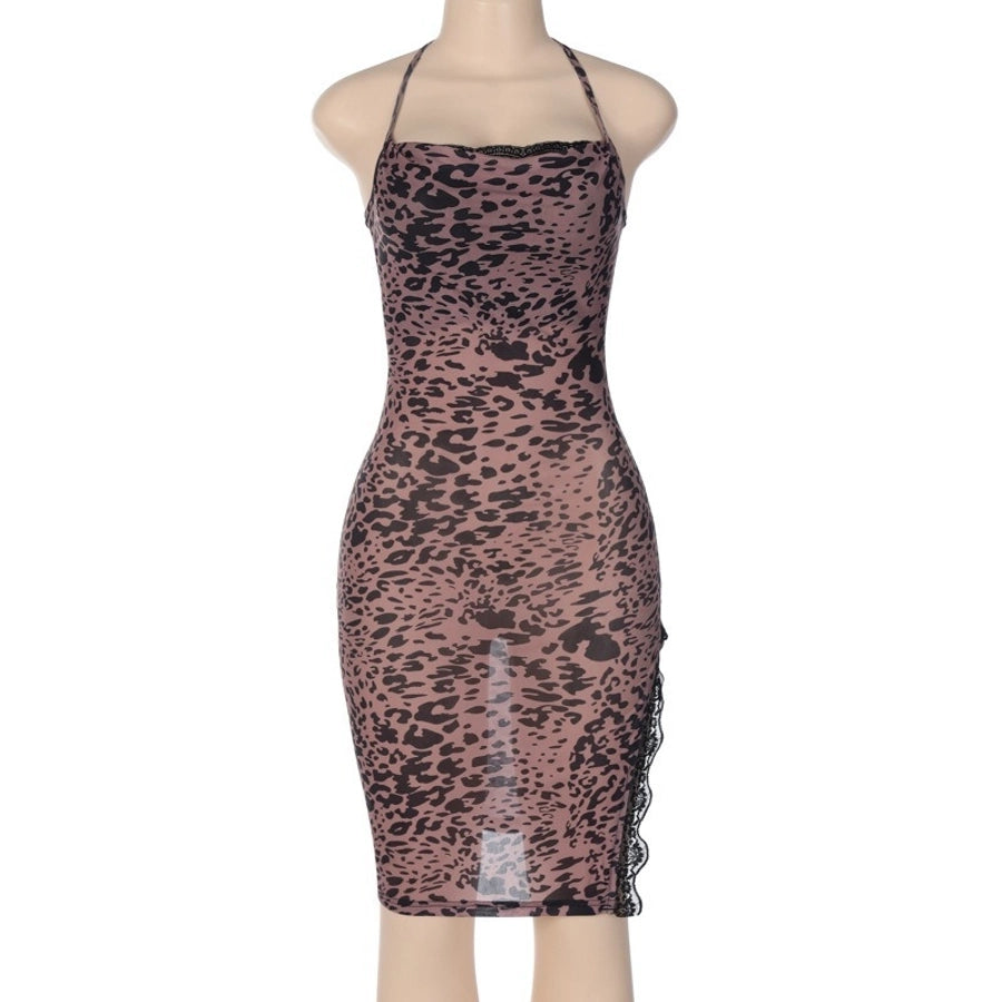 Women's Sheath Dress Streetwear Halter Neck Long Sleeve Leopard Midi Dress Holiday