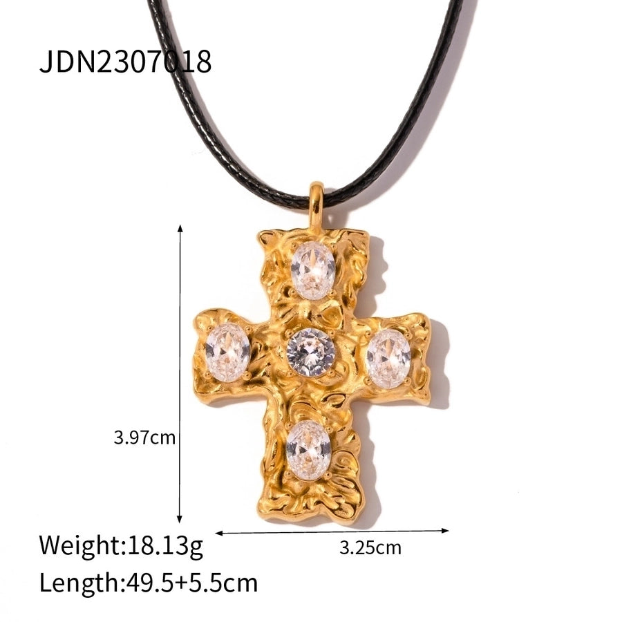 Jewelry Simple Style Classic Style Cross 304 Stainless Steel Natural Stone Rhinestones Zircon 18K Gold Plated Pendant Necklace