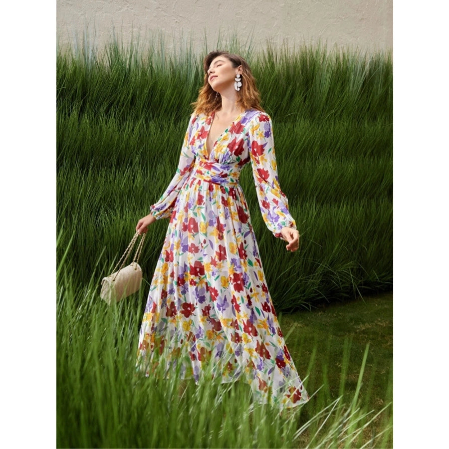 Women's Swing Dress Streetwear V Neck Long Sleeve Flower Maxi Long Dress Holiday