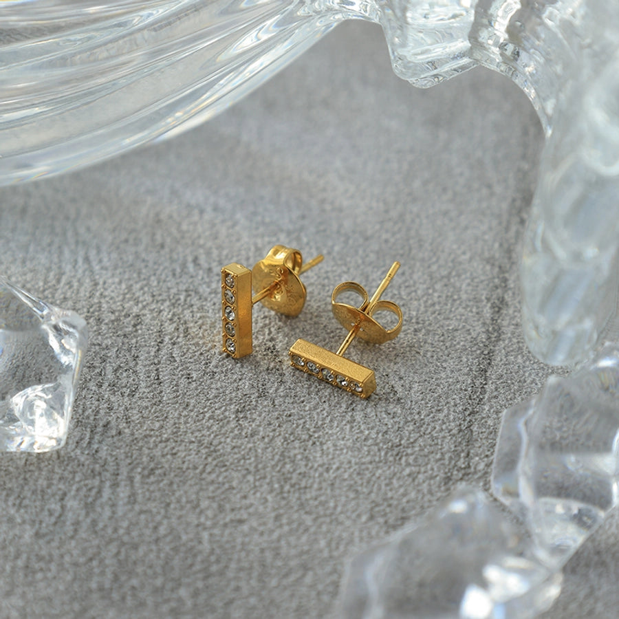 1 Pair Modern Style Simple Style Shiny Rectangle Plating Inlay 304 Stainless Steel Zircon 14K Gold Plated Ear Studs