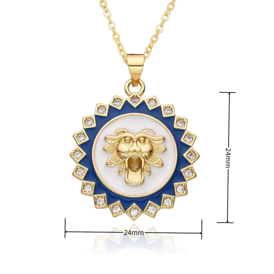 Copper Gold Plated Enamel Inlay Round Lion Bee Zircon Pendant Necklace