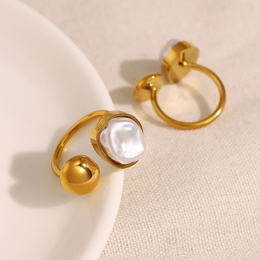 Jewelry Vacation French Style IG Style Geometric 304 Stainless Steel Artificial Pearls 18K Gold Plated Plating Inlay Open Rings