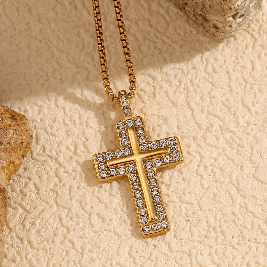 Jewelry Casual IG Style Cross 304 Stainless Steel Titanium Steel Zircon 18K Gold Plated Inlay Pendant Necklace