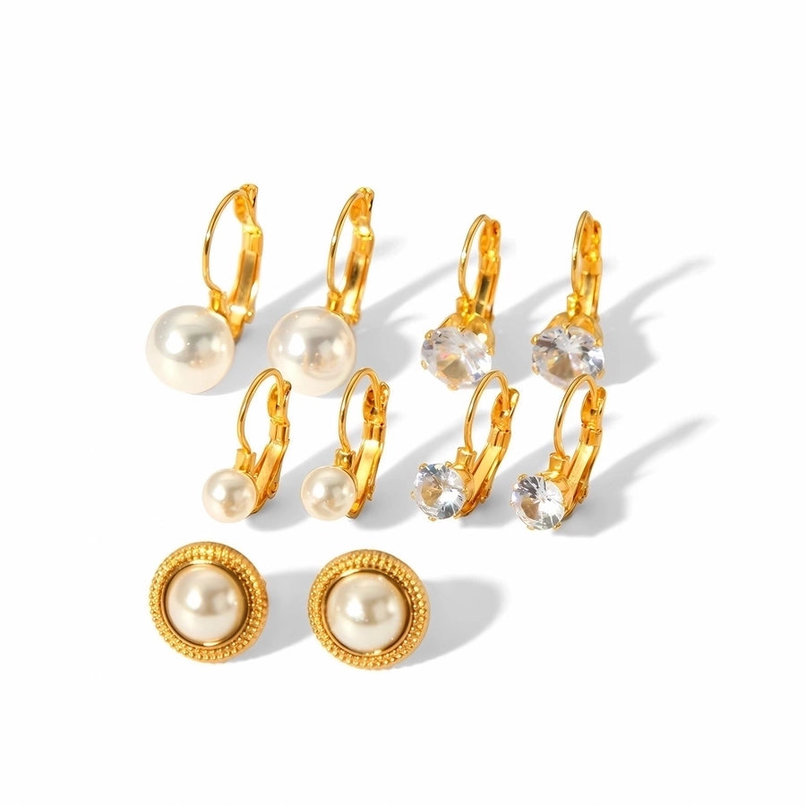 1 Pair Retro French Style Geometric Plating Inlay 304 Stainless Steel Pearl Zircon 18K Gold Plated Earrings Ear Studs