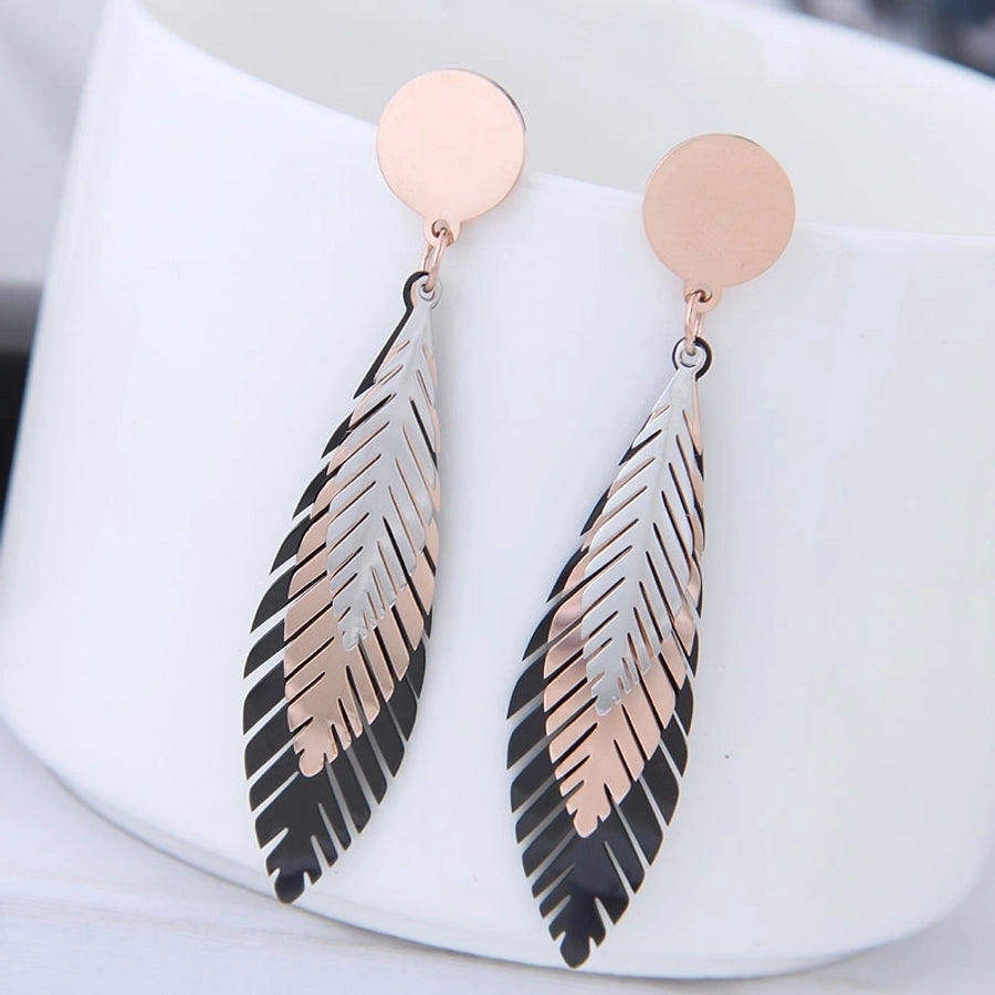 korean fashion t simple titanium steel tricolor tree leaf earrings