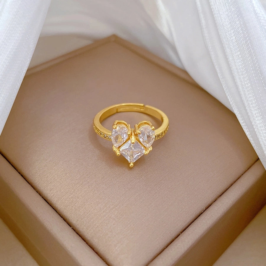 Brass Gold Plated IG Style Cute Sweet Inlay Heart Shape Zircon Open Rings