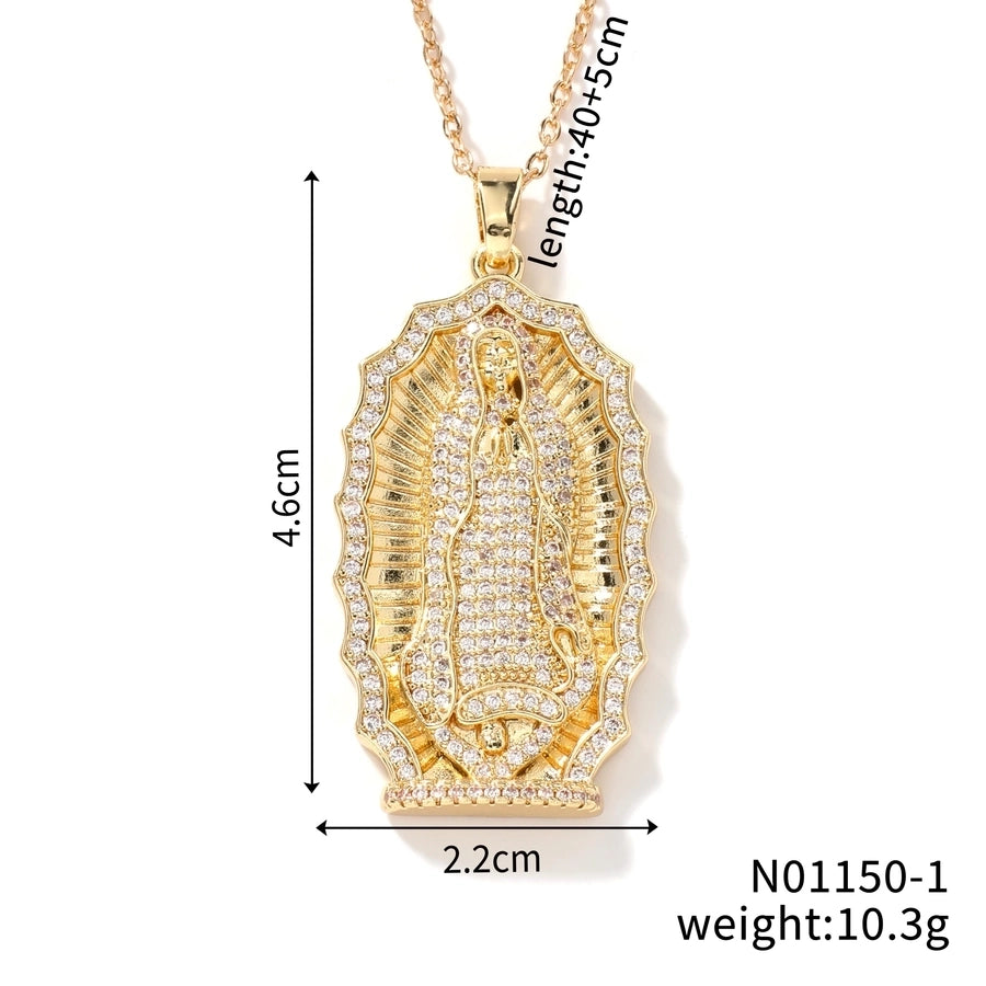 Jewelry Vintage Style Virgin Mary Oval Heart Shape 304 Stainless Steel Copper Zircon K Gold Plated Inlay Pendant Necklace