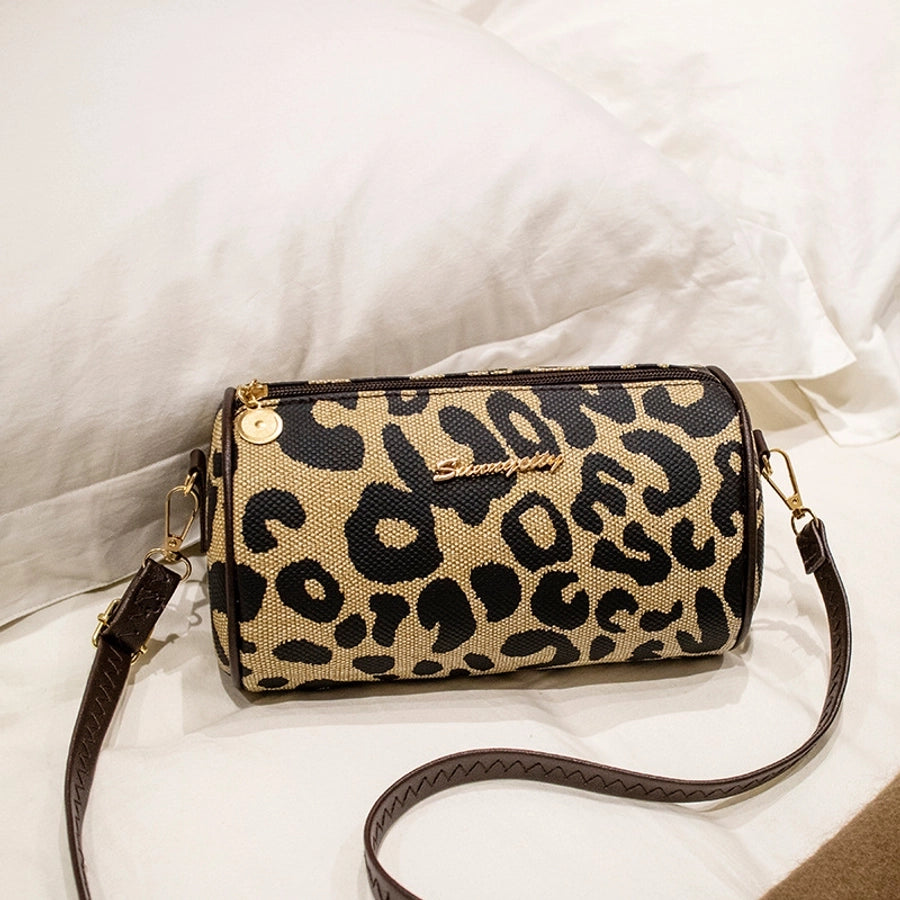 Women's Medium Pu Leather Leopard Elegant Preppy Style Cylindrical Zipper Crossbody Bag