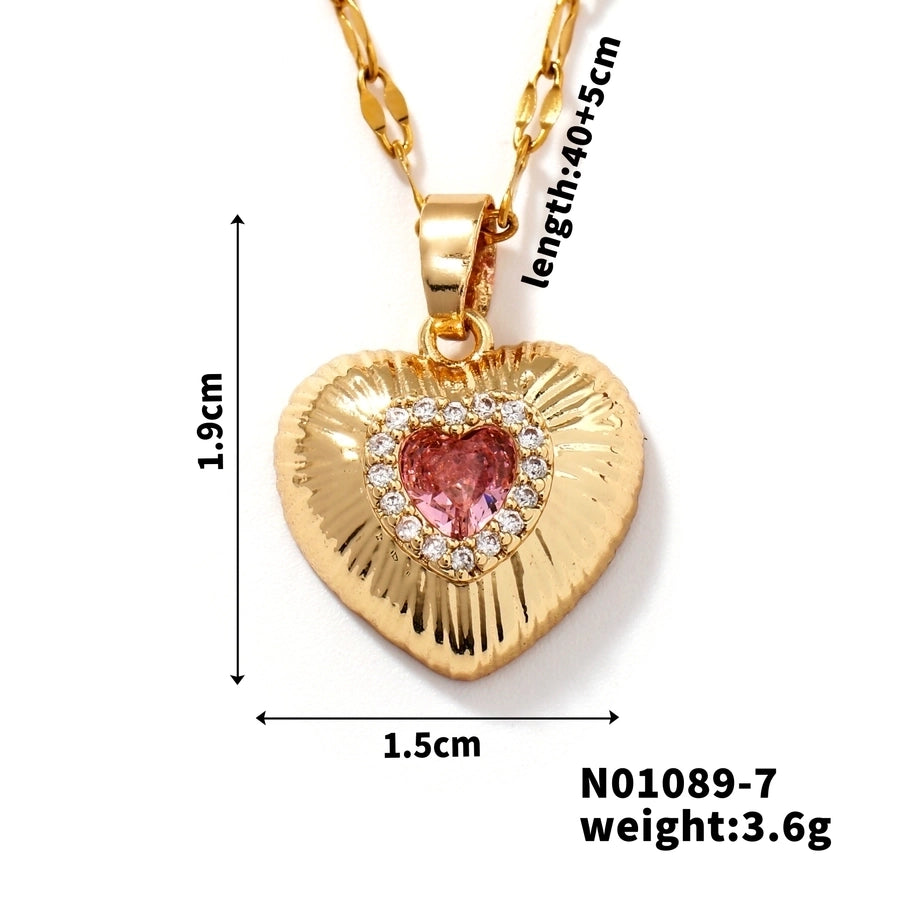 Jewelry Classic Style Heart Shape 304 Stainless Steel Copper Zircon K Gold Plated Rhodium Plated Inlay Pendant Necklace