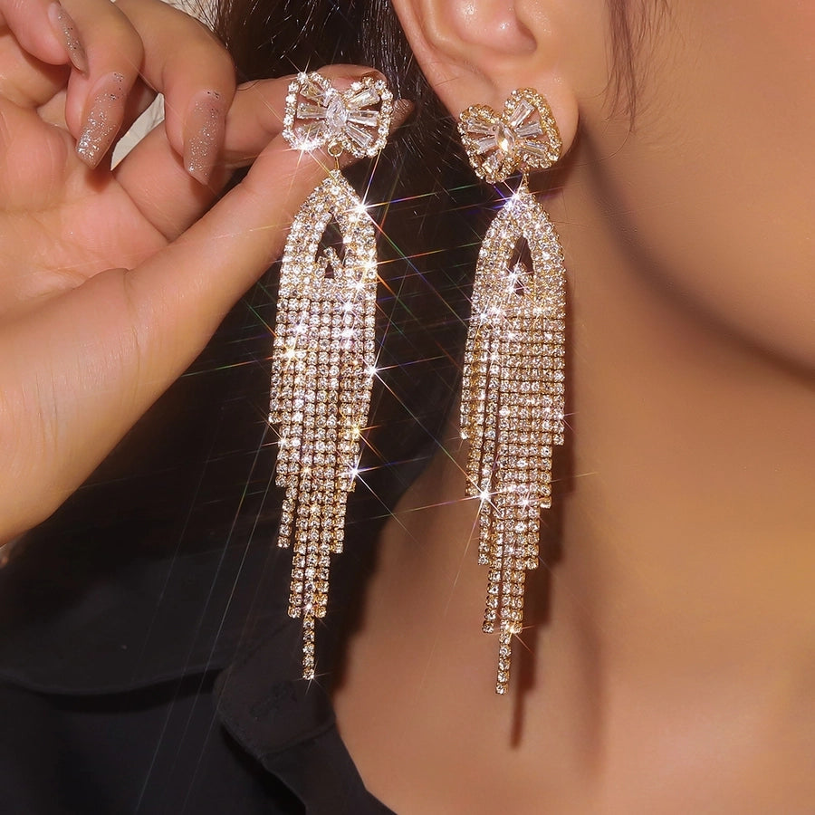 1 Pair Lady Wedding Shiny Tassel Inlay Copper Artificial Diamond Drop Earrings