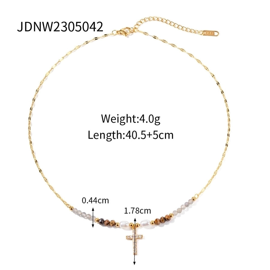 Jewelry Simple Style Classic Style Cross 304 Stainless Steel Natural Stone Rhinestones Zircon 18K Gold Plated Pendant Necklace