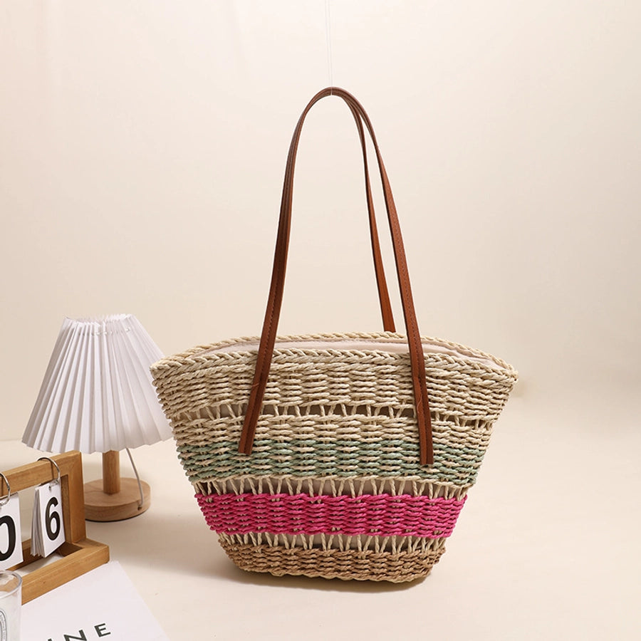 Women's Straw Stripe Vintage Style Shell Zipper Shoulder Bag