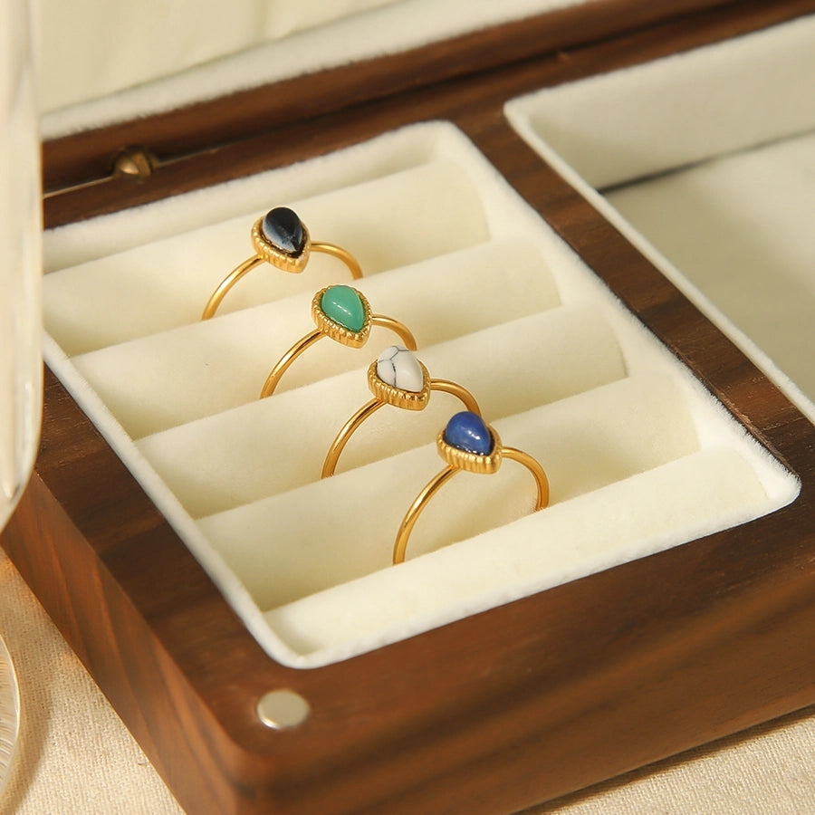 304 Stainless Steel 18K Gold Plated Casual Vintage Style Plating Inlay Water Droplets Natural Stone Open Rings