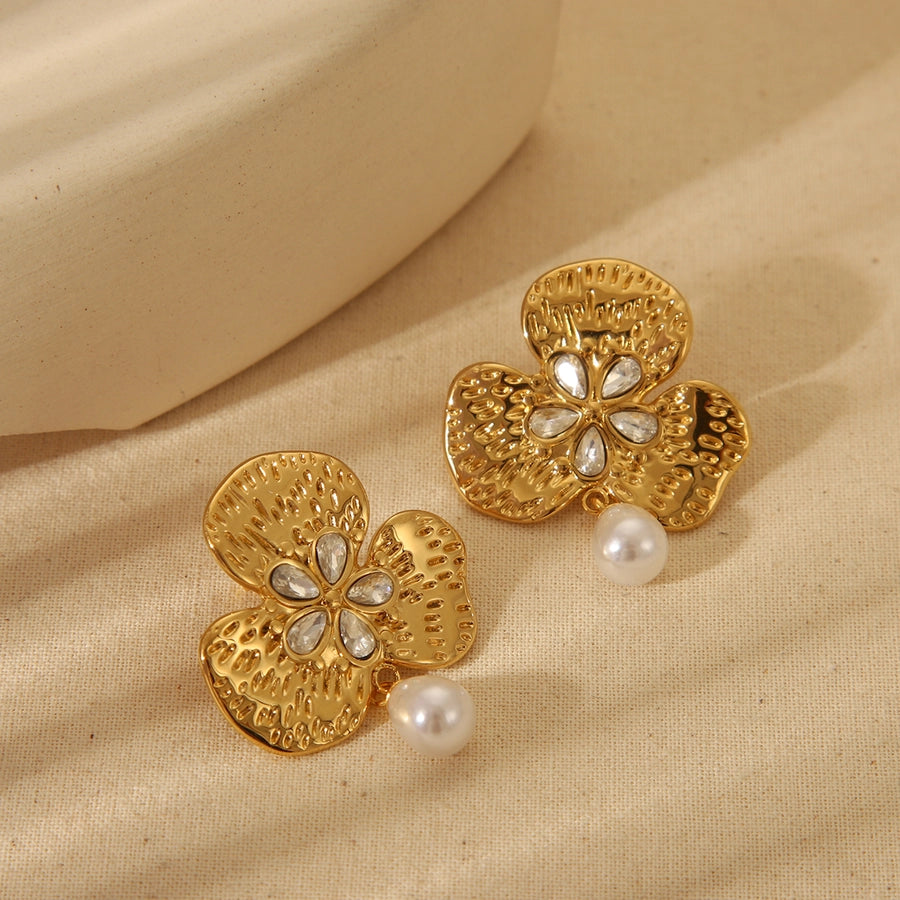 1 Pair Vintage Style Flower Plating Inlay 304 Stainless Steel Imitation Pearl Zircon 18K Gold Plated Ear Studs - CEJEW