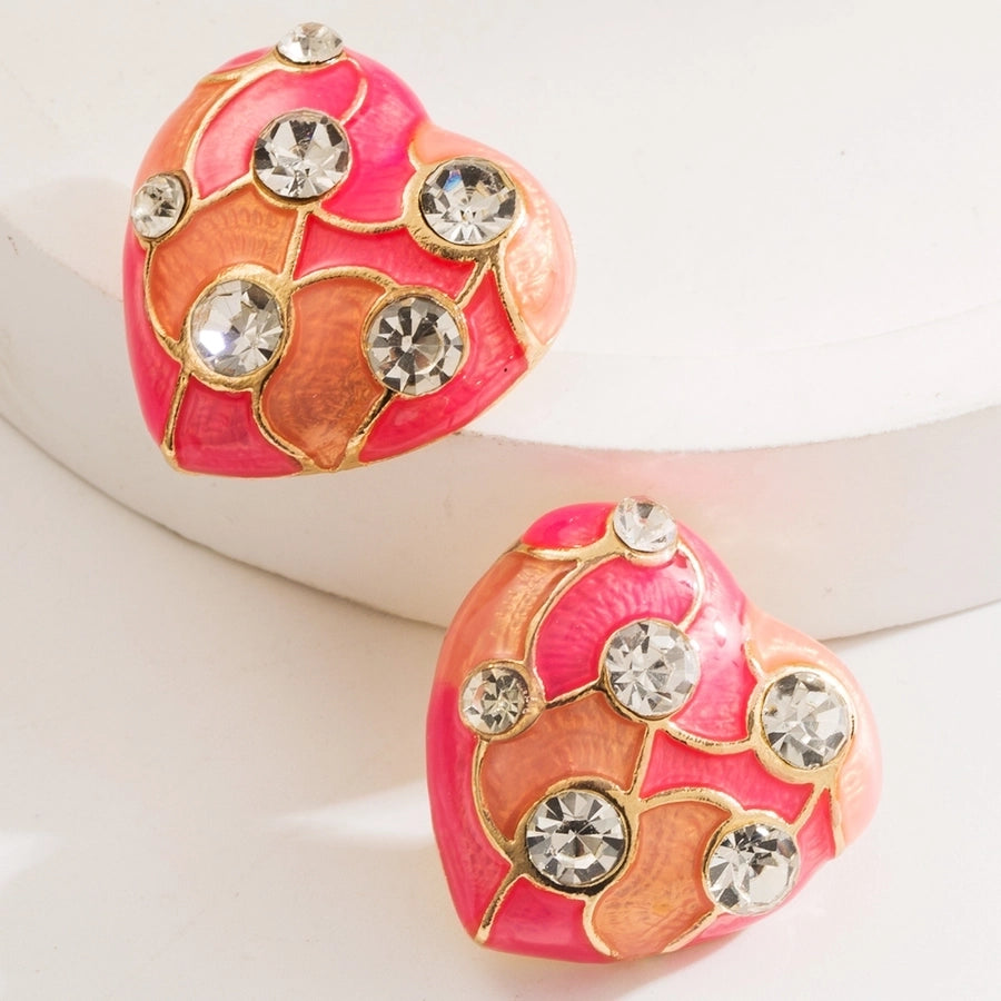 1 Pair Casual Classic Style Heart Shape Enamel Inlay Alloy Rhinestones Gold Plated Ear Studs - CEJEW