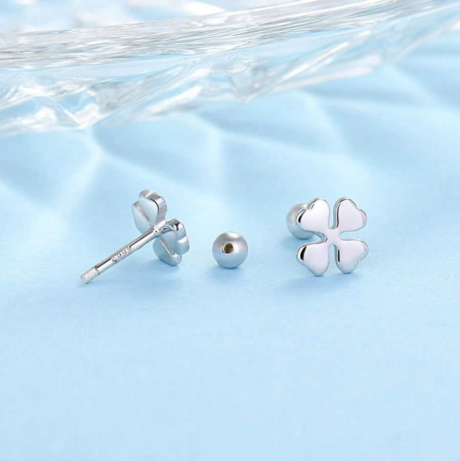 S925 silver anti-lost earrings love four-leaf clover round earrings stainless steel screw to prevent falling off without picking ear holes