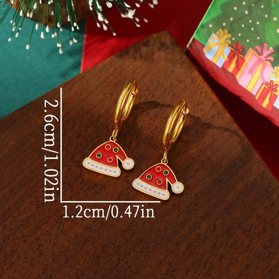 A Pair of Christmas 18K Real Gold Stainless Steel Colorful Oil Necklace Christmas Tree Elk Earrings Ear Clip Women's Christmas Gift