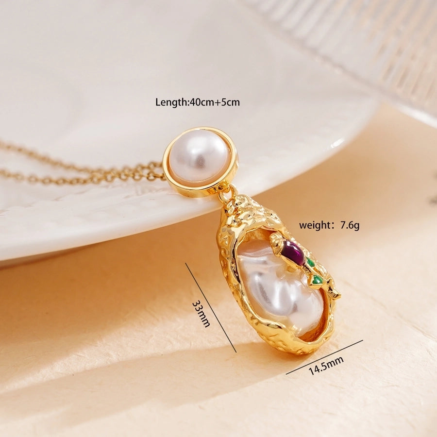 Jewelry Elegant Water Droplets Heart Shape Rose 304 Stainless Steel Copper Pearl White Gold Plated Gold Plated Enamel Plating Inlay Pendant Necklace