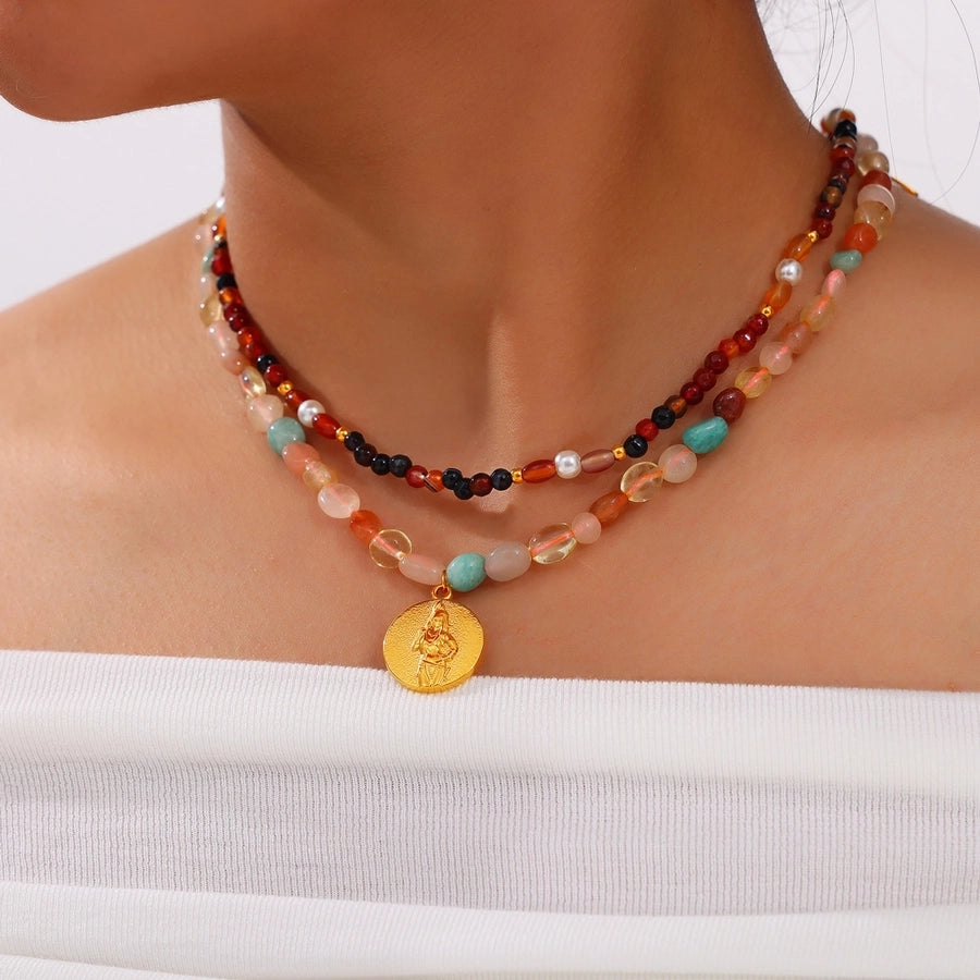 304 Stainless Steel natural stone Agate 18K Gold Plated Casual Retro Beaded Enamel Plating Round Necklace