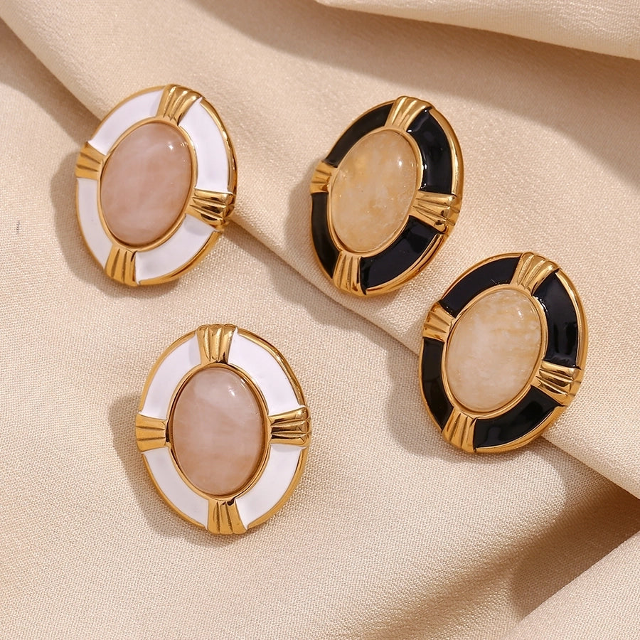 1 Pair Vintage Style Simple Style Classic Style Oval Plating Inlay 304 Stainless Steel Natural Stone 18K Gold Plated Ear Studs - CEJEW