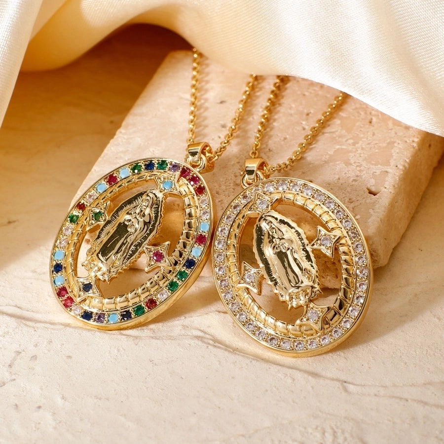 Jewelry Vintage Style Classic Style Geometric Round Virgin Mary 304 Stainless Steel Copper Zircon K Gold Plated Inlay Pendant Necklace - CEJEW