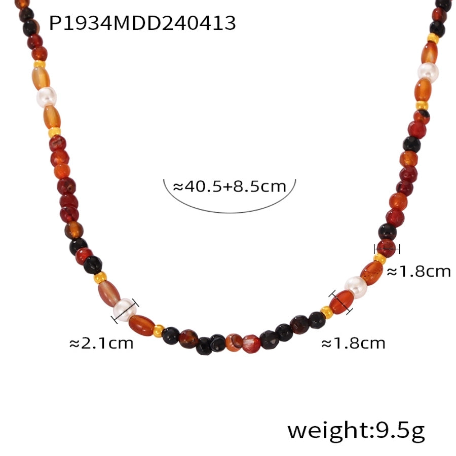 304 Stainless Steel natural stone Agate 18K Gold Plated Casual Retro Beaded Enamel Plating Round Necklace