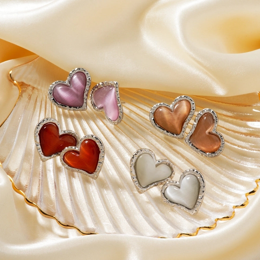 1 Pair Glam Sweet Simple Style Heart Shape Inlay 304 Stainless Steel Natural Stone K Gold Plated Rhodium Plated Ear Studs