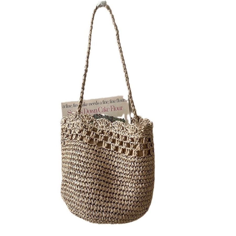 Women's Medium Paper Solid Color Vacation Weave Hollow Bucket String Bucket Bag